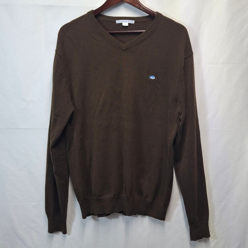 Title: Southern Tide Cotton V Neck Sweater Brown Blue Fish Logo Preppy Large